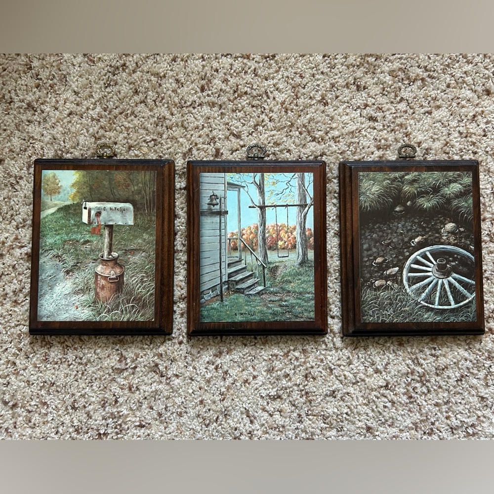 Vintage Rustic Wood Brown Framed Wall Art Set of 3